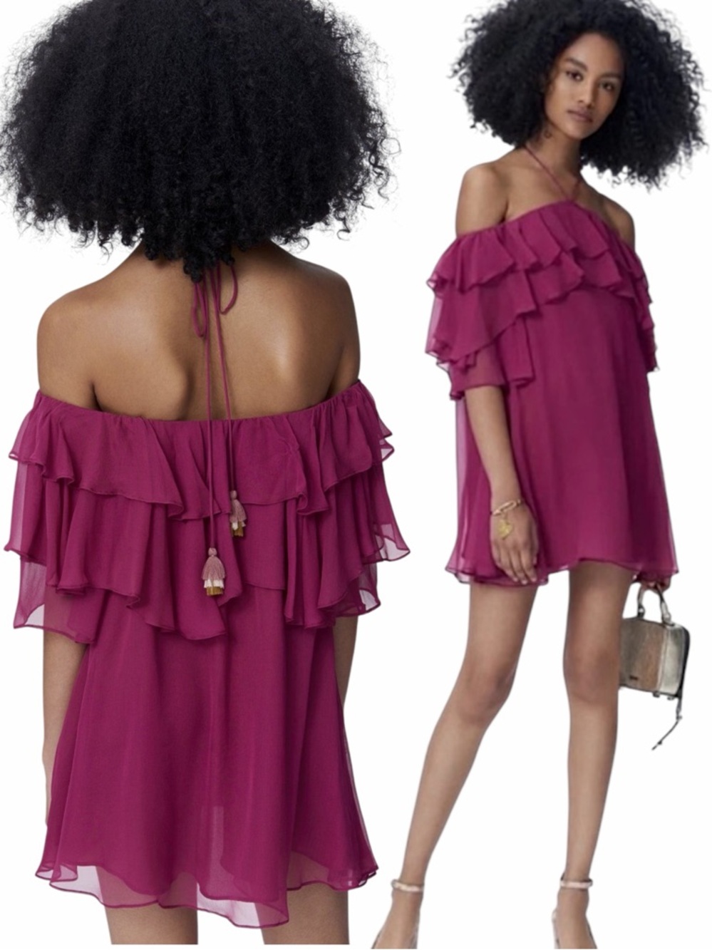 Rebecca Minkoff Dena Tassel Halter Ruffle Mini Dress Raspberry Pink Medium NWT